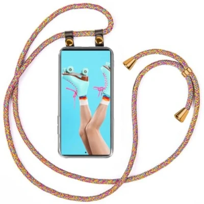 Abbildung von moex Handykette kompatibel mit Samsung Galaxy S22 Ultra Hülle Band Längenverstellbar, Handyhülle zum Umhängen, Silikon Case Transparent Kordel Schnur abnehmbar in Rainbow