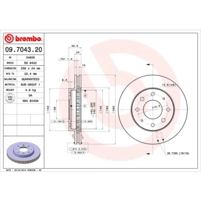 Abbildung von BREMBO 09.7043.20 Bremsscheibe 256 24 4 innenbelüftet MITSUBISHI: Space Runner I, HYUNDAI: Santamo