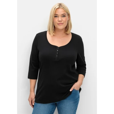 Abbildung von Sheego Henley Langarmshirt, Damen, Größe: 44/46, Schwarz