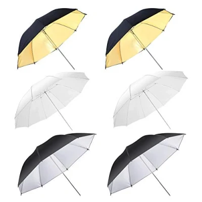 Abbildung von 6 x Reflex /Durchlichtschirm Set 84 cm, Weiß Transparent Reflektor Studio Schrim, schwarz/Silber Regenschirm Reflexschirm schwarz Gold 33 Zoll für Fotografie Video Blitz