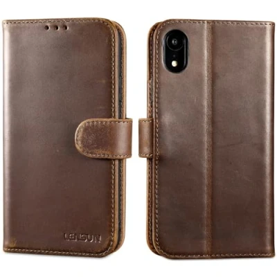 Abbildung von LENSUN Echtleder Hülle für iPhone XR, Lederhülle Handyhülle [Echtes Leder][Kartenfach][RFID Schutz] Handytasche Klappbar Kompatibel mit XR Vintage Dunkelbraun