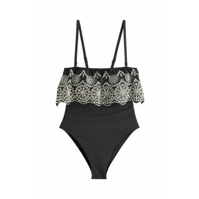 Abbildung von Next Bandeau Embriodered Frill Tummy Badeanzug, Damen, Größe: 42, Black ecru