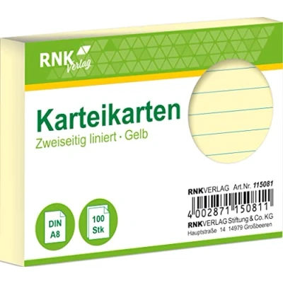 Abbildung von RNK Karteikarten A8 liniert 170 g/qm gelb VE=100 Stück