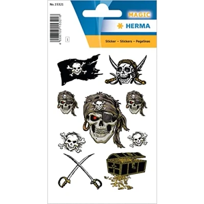 Abbildung von HERMA 15321 Aufkleber Totenkopf Glitzer klein groß, 9 Stück, Piraten Sticker mit Schatztruhe Piratenflagge Motiv, Kinder Etiketten für Fotoalbum Poesiealbum Scrapbooking Geburtstag Deko Briefe Basteln