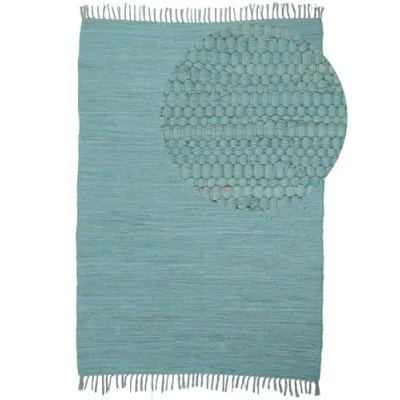 Abbildung von carpetfine Flickenteppich Kelim Chindi Uni Türkis 70x140 cm, handgewebt Fleckerlteppich aus Baumwolle für Wohnzimmermit Fransen