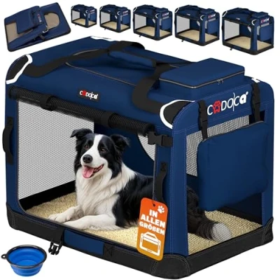 Abbildung von CADOCA® Hundebox faltbar Transportbox XL 82x56x58cm robust atmungsaktiv Transporttasche Auto Rückbank Haustiertransportbox Hundetragetasche Navyblau