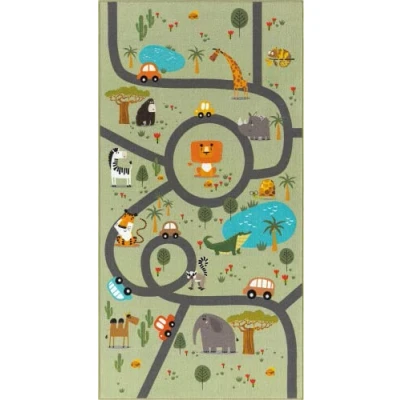 Abbildung von the carpet Happy Life Kinderzimmer, Kinderteppich, Spielteppich, Waschbar, Straßenteppich, Straße, Dschungel, Tiere, Auto, Grün, 100 x 200 cm