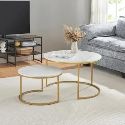 Abbildung von en.casa Couchtisch, »Christchurch« 2er Set rund Marmoroptik weiß / Goldfarben