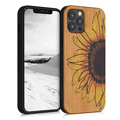 Abbildung von kwmobile Hülle kompatibel mit Apple iPhone 12 / Pro Holz Case Handy Cover TPU Handyhülle in Gelb Dunkelbraun Hellbraun Wood Sunflower