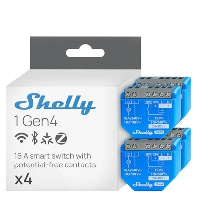 Abbildung von Shelly 1 Gen4, WLAN betriebener Smart Relaisschalter, Kanal, 16A, Potentialfreier Kontakt, Hausautomation, Kein Hub Erforderlich, Alexa, Apple HomeKit &amp; Google Home, Zigbee Matter (4 Stück)