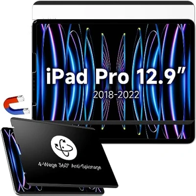 Abbildung von 4 Wege Magnetischer Blickschutzfilter Kompatibel Mit iPad Pro 12.9 Zoll (2022 M2/2021/2020/2018), Abnehmbar 360 Grad Anti Glare Blaulicht Privacy Screen Displayschutz Bubble Free Wiederverwendbarer