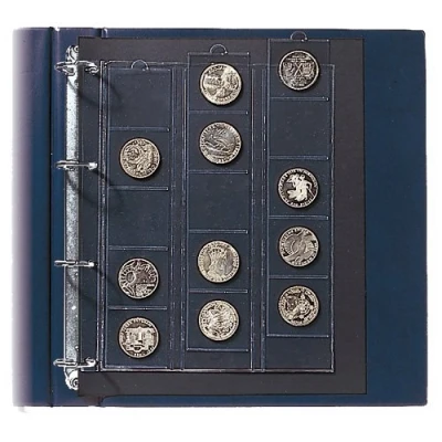 Abbildung von Safe, Compact A4, Blätter (4 Ringe) für Münzen Ø 44 mm. (15 Stk.) Transp/m. schwarzen TrennBlätter Abm: 210x255 pro 2 Stk.