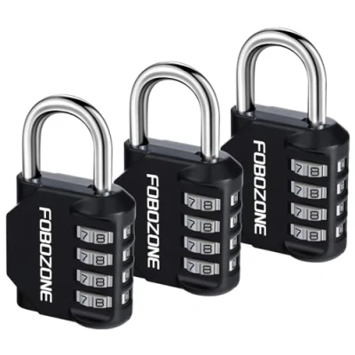 Abbildung von FOBOZONE Zahlenschlösser Vorhängeschloss, 4 stelliges wasserdichtes Vorhängeschloss mit zurücksetzbarem Code, für Turnhallenschließfach, Schrank, Schuppen, Haspel, Tor (Schwarz 3 Pack)