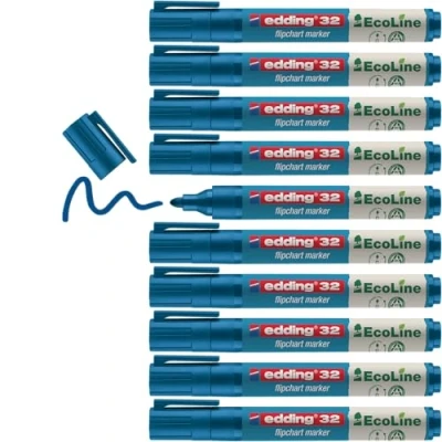 Abbildung von edding 31 EcoLine Flipchartmarker blau 10 Stifte Rundspitze 1,5 3 mm zum Schreiben, Zeichnen auf Flipcharts Tinte schlägt nicht durch Papier trocknet aus nachfüllbar