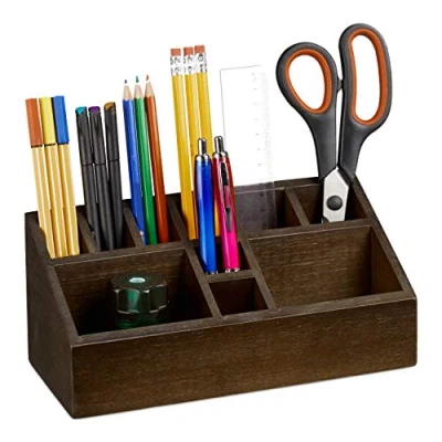 Abbildung von Relaxdays Stiftehalter, Schreibtisch Organizer aus Bambus, mit 10 Fächern für Stifte und Zettel, Ablage, Dunkelbraun, 100, H x B T: ca. 23 cm