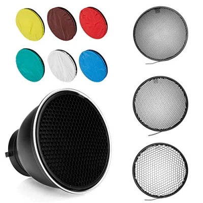 Abbildung von 7 Zoll 18 cm Bowens Mount Standard Reflektor Diffusor Mit Wabengitter 6 Farben Weichlichttuch für lamp (Standard reflektierend + 20 / 40 60 Gitter)
