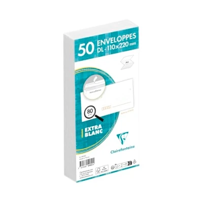 Abbildung von Clairefontaine 5925C Packung mit 50 Umschlägen weiß DL 110x220 mm, Vordruck für PLZ, selbstklebend, 80g, 1 Pack