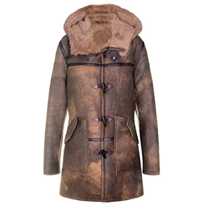 Abbildung von Infinity Leather Herren Dufflecoat aus Antikbraunem Schaffell Leder, Neuer Winter, Echtes Lammfell