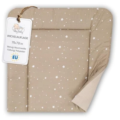Abbildung von Wickelauflage Wickelunterlage aus Baumwolle 75x72 cm Weich und waschbar für Babys Wickelmatte Stoff Wickeltisch Wickelkommode oder Waschmaschine 75 x72 Beige mit Weiß Sternen