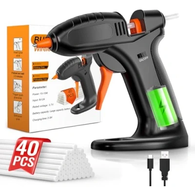 Abbildung von BURNNOVE Heißklebepistole Akku Heissklebepistole mit 3000mAh USB C Aufladung Schnell Aufheizend Inklusive 40 Stück 7mm Klebestifte Tropfsicher Ideal für DIY Basteln Reparatur Zuhause und Büro