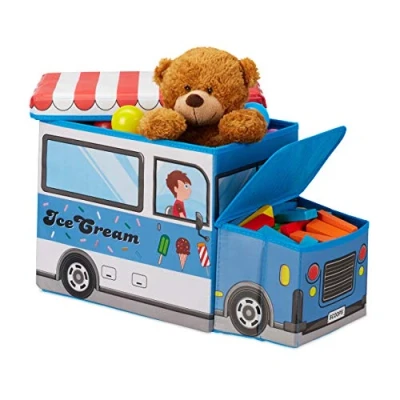 Abbildung von Relaxdays Sitzbox Kinder, Staubox mit Deckel, Spielzeug, faltbar, Eiswagen, Stauraum, Jungen &amp; Mädchen, 50 Liter, blau