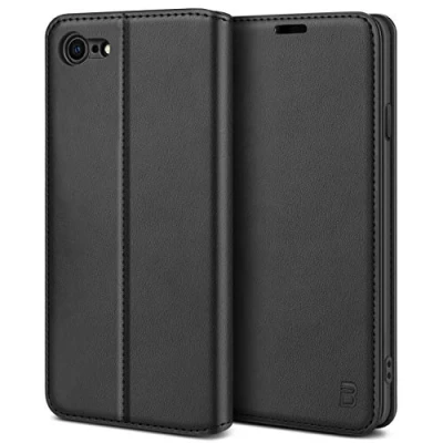 Abbildung von BEZ Hülle für iPhone 7 Hülle, Handyhülle Kompatibel 7, 8 Tasche, Case klappbar aus Klappetui mit Kreditkartenhaltern, Ständer, Magnetverschluss Schwarz