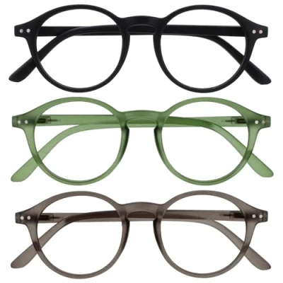Abbildung von OPULIZE REY Lesebrille 3er Pack Runder Retro Rahmen Mattschwarz, Grün, Grau Herren Damen Federscharniere RRR56 167 +3.50