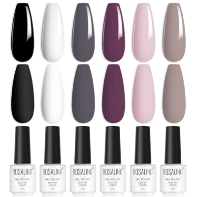 Abbildung von ROSALIND UV Nagellack, 6 Farben Schwarz Weiß Rosa Violett Grau Shellac Gel Nagellack Set Soak Off Nail Polish für Anfänger Art Salon DIY