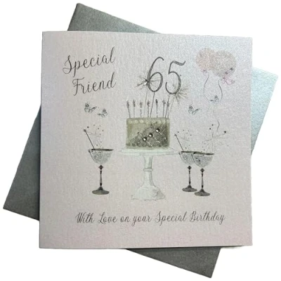 Abbildung von WHITE COTTON CARDS SS42 SF65 Geburtstagskarte zum 65. Geburtstag, Champagnergläser, rosa Rosen, 16 x cm