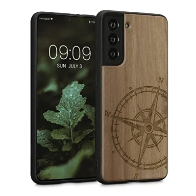 Abbildung von kwmobile Hülle kompatibel mit Samsung Galaxy S21 Holz Case Handy Cover TPU Handyhülle in Dunkelbraun Kompass Vintage