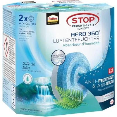 Abbildung von Pattex Luftbefeuchter 9H AHAWF Nachfülltabs AERO 360, Luftentfeuchter 2 x 450 g Wasserfall Duft Nachfüllpack