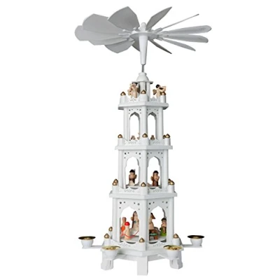 Abbildung von BRUBAKER Weihnachtspyramide Holzpyramide Weiß 4 Etagen 60 cm Höhe handbemalte Figuren