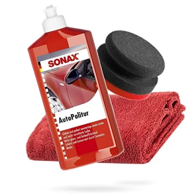 Abbildung von detailmate SONAX Handpolier Bundle Autopolitur für Bunt und Metalliclacke 500ml Handpolierschwamm hart Ø90/50mm Edgeless Mikrofaser Poliertuch 550GSM rot
