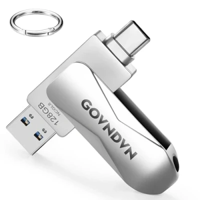 Abbildung von GOVNDVN USB Stick für iPhone 15, 128GB C Sticks mit Typ &amp; 3.0 Flash Laufwerk, Speicherstick Fotostick Externe Festplatte 15/iPad/PC/Mac/Android(360 Drehung, 128GB)