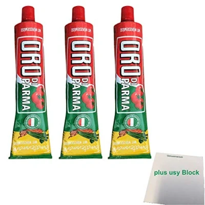 Abbildung von Oro di Parma Tomatenmark mit Würzgemüse 3er Pack (3x 200g Tube) + usy Block