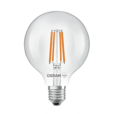 Abbildung von OSRAM LED Lampe in klassischer Edisonform, mit dekorativem Filament, Energieeffizienzklasse A, E27, 5 W, 1055 lm, 2700 K, warmweiß. Ohne Aufwärmen, sofort 100% Licht. Geringes Flackern.
