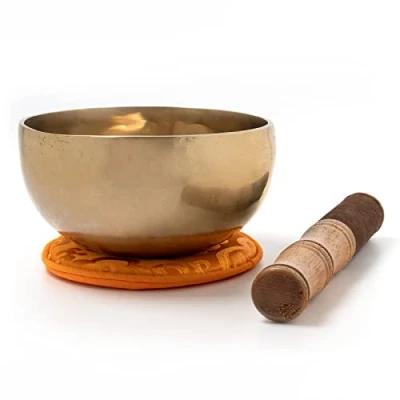 Abbildung von Traditionelle Klangschale handgehämmert aus Nepal, Herzschale, inklusive orangefarbener Unterlage mit Lotusblüte sowie einem Holz /Lederklöppel 2112 …