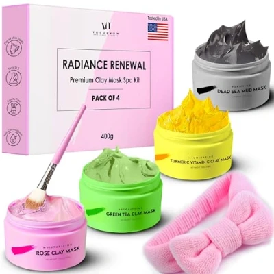 Abbildung von Ton Gesichtsmaske Set (4 x 100g) Grüner Tee Maske Totes Meer Mineralien Schlamm Maske, Vitamin C mit Kurkuma, Rosen zur Tiefenreinigung, Entgiftung und Reduzierung von Akne Mitesser