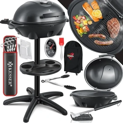 Abbildung von KESSER® elektrischer Elektrogrill 2in1 Tischgrill Standgrill mit Deckel Standfuß, max. 2400 Watt Thermometer, Antihaftbeschichtung XXL Grillplatte, Ablagefläche Elektro Säulengrill, Inkl. Grill Set