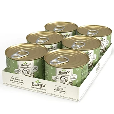 Abbildung von Betty&#039;s Landhausküche Dose Nassfutter Katze , getreidefrei, beste Qualität, hochwertiges Fleisch, schonend gegart, für alle Katzenrassen geeignet, Huhn &amp; Kalb mit Borretschöl 6x 200g