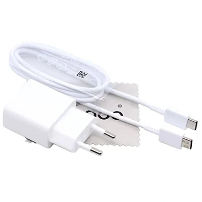 Abbildung von Ladegerät für Original Samsung EP T1510 Galaxy Z Flip 4, Fold Xcover 6 Pro, A04s, A13 4G, A23, A23 5G, M13, M32 Tab S7 FE, Active 4 Pro 5G Weiß 15W mit mungoo Displayputztuch