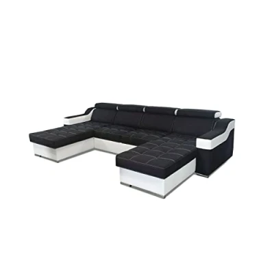 Abbildung von Ecksofa mit Schlaffunktion Geri U 310 cm x 183 Wohnlandschaft Form XXL Sofa 2 Bettkasten Schlafsofa Groß Schwarz/Weiß Gewebe Kunstleder Modern 19