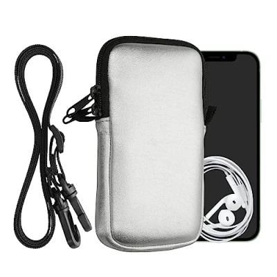 Abbildung von kwmobile Handytasche für Smartphones L 6,5&quot; Neopren Handy Hülle Metallic Silber mit Kordel Tasche Handykette 16,5 x 8,9 cm Innenmaße