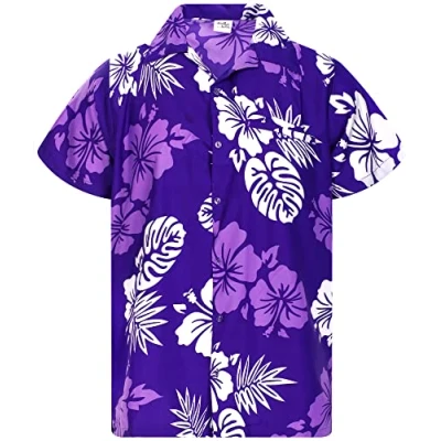 Abbildung von King Kameha Funky Hawaii Hemd, Herren, Kurzarm, Mono Hibiscus, Violett Weiß, XXL