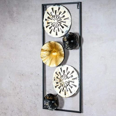 Abbildung von 3D Wandbild H60cm Ringe Metall Weiß Schwarz Gold Deko Wandkunst Design Metallbild Teller Wanddeko