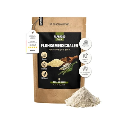 Abbildung von alphazoo Flohsamenschalen gemahlen 250g Hund &amp; Katze I 99% Reinheit, hohe Quellkraft, Vegan Ballaststoffreich Indische Psyllium Samenschalen der Flohsamen Für Magen Darm bei Durchfall