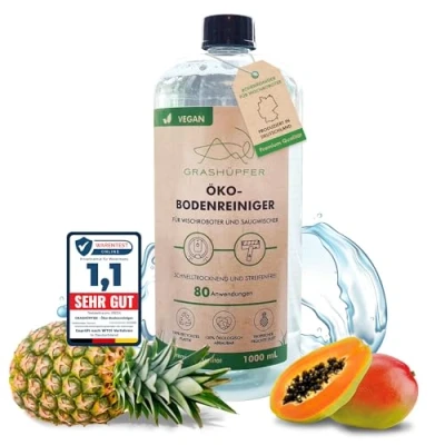Abbildung von GRASHÜPFER® Wischroboter Reinigungsmittel Öko Bodenreiniger 1000 ml Konzentrat für mind. 80 Anwendungen &quot;Tropischer Früchte Duft&quot; I kompatibel mit allen Wisch und Saugrobotern