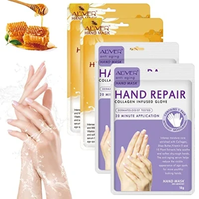 Abbildung von Handmaske 4 Paar Handpflege Handschuhe Feuchtigkeitsspendende mit Honig &amp; Milch Lavendel für Trockene Alternde Rissige Hände Frauen und Männer