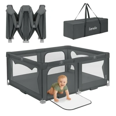 Abbildung von Lionelo Kinderlaufgitter 150 x 180 75 cm Florence Easy Fold, atmungsaktives Netz, sicher, tragbar, einfach zusammenklappbar, 2 Eingänge mit Reißverschluss, Reisetasche