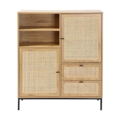Abbildung von Calicosy Anrichte mit Fronten aus natürlichem Rattan, 2 Türen, Schubladen und Nischen, exotischer Stil, Aufbewahrungsschrank, für Wohnzimmer, Esszimmer 100 x 40 120 cm